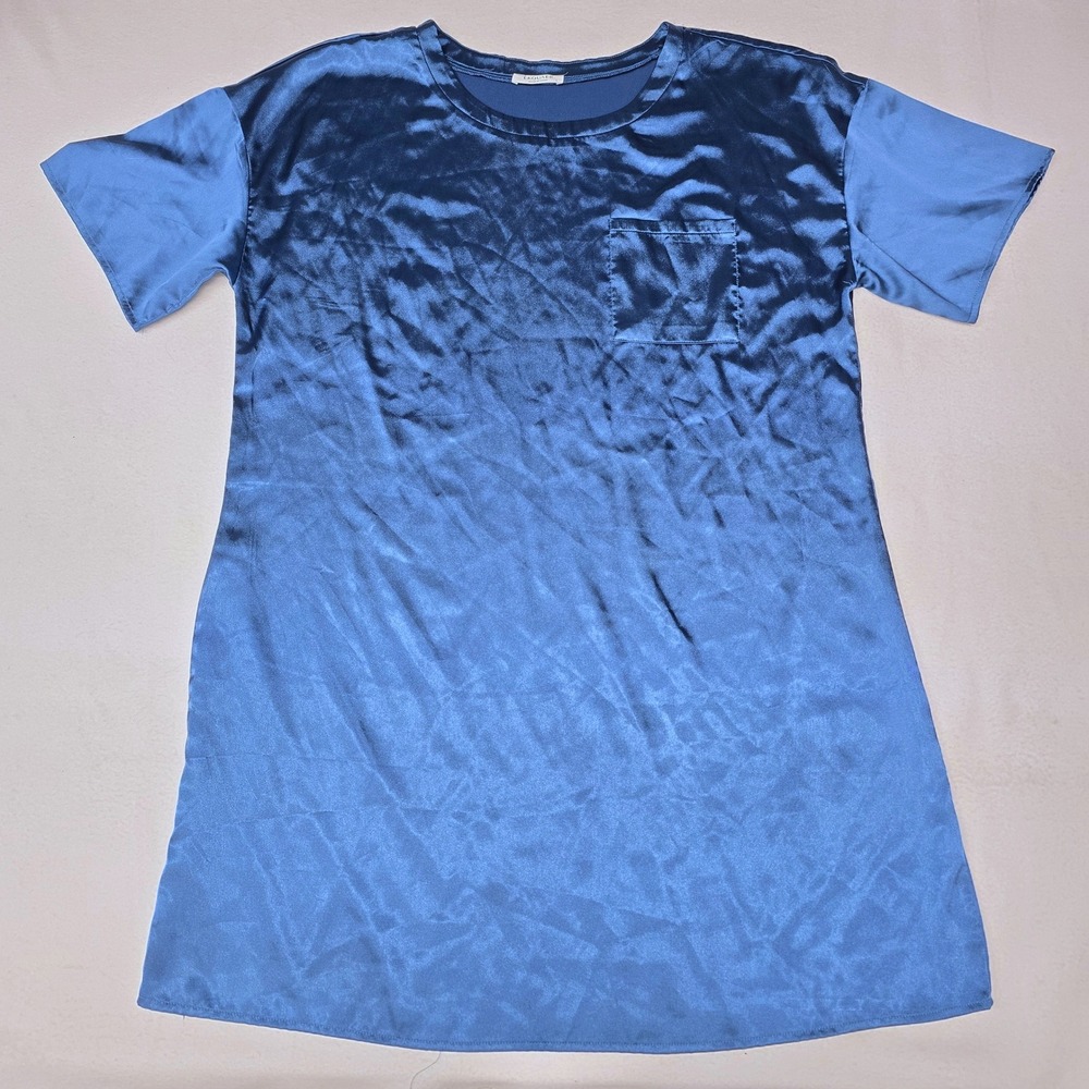 Ekouaer Women Blue Satin Nightshirt Short Sleeve Sleep Dress Chest Pocket Large